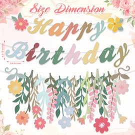 Trandraft 3 Pcs Flower Birthday Party Decorations Wildflower Garland Floral Happy Birthday Banner Spring Decor Boho Hanging Decorations for Women