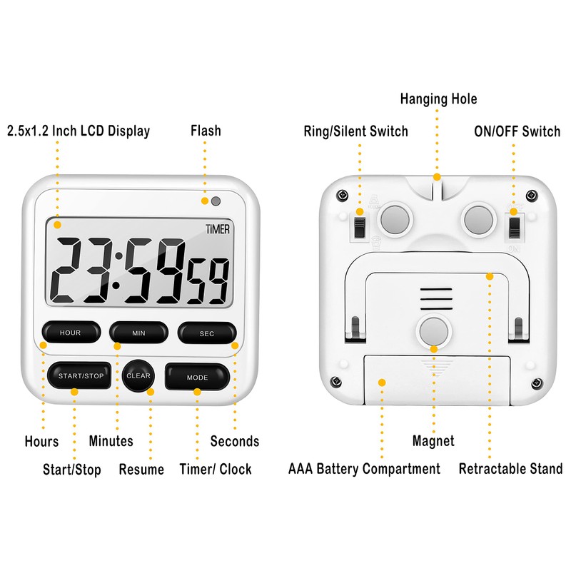 KTKUDY Digital Kitchen Timer with Mute/Loud Alarm Switch ON/Off Switch,