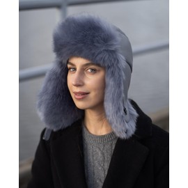 Futrzane Leather Trapper Hat - Ladies Russian Hats with Ear Flaps - Warm Ushanka (S, Steel Blue - Steel Blue Siberian)