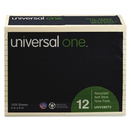 Universal One 28073 Recycled Self-Stick Note Pads, Lined, 4 x 6, Yellow, 100-Sheet, 12/Pack