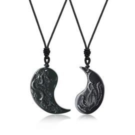 COAI Black Obsidian Dragon and Phoenix Yin Yang Pendant Necklaces for Couples