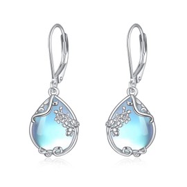 POPLYKE July Larkspur Moonstone Birth Flower Filigree Teardrop Drop Dangle Earrings Sterling Silver Leverback Earrings Jewelry