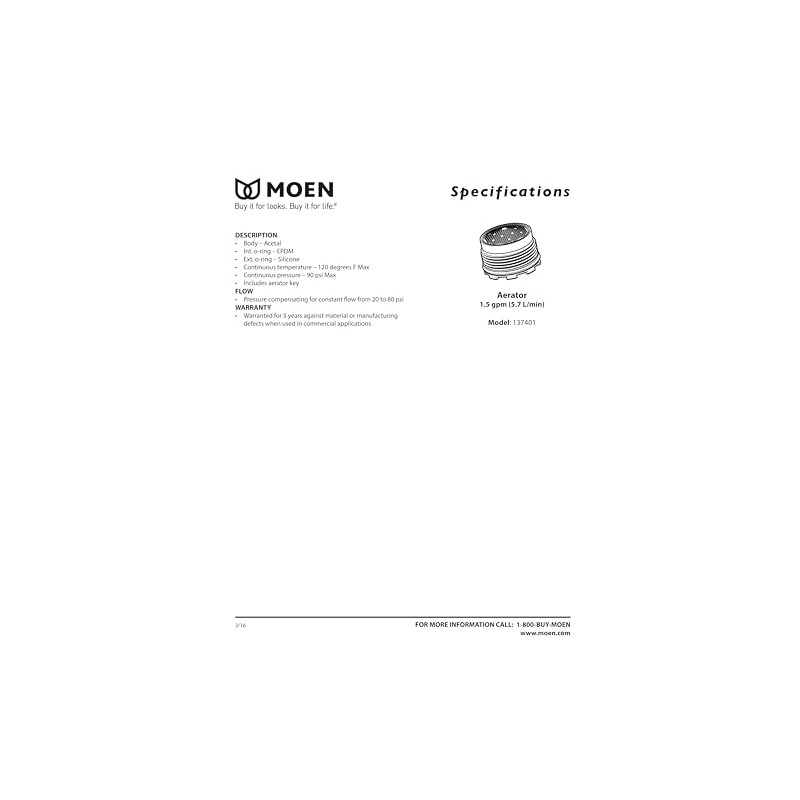 Moen 137401 Eco-Performance Aerator Flow Restrictor Service Kit for Rothbury