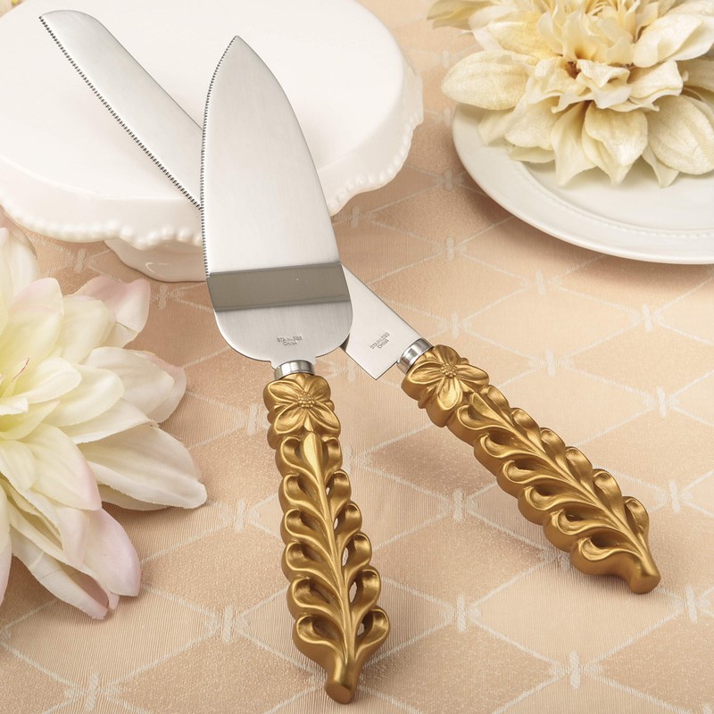 FASHIONCRAFT 2528 Gold Lattice Botanical Collection Stainless Cake Knife Set,