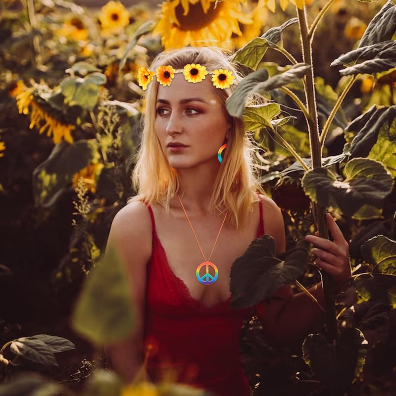 3PCS Hippie Costume Set for Women Gold Peace Sign Necklace