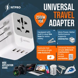 Universal Travel Adapter–Fast Charging Travel Adapter for UK,EU,Australia, USA, Japan–High Capacity 10A International Travel Adapter with 4USB Ports 3A and 1C–Multi Plug Outlet for Over 160 Countries
