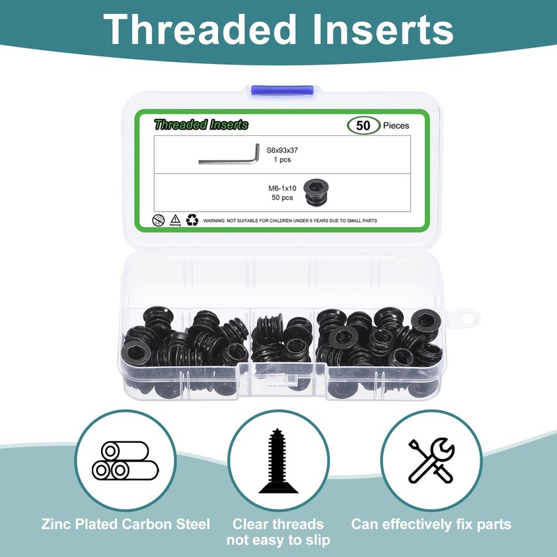 sourcing map 50Pcs Threaded Inserts, M6-1x10 Zinc Plated Carbon Steel