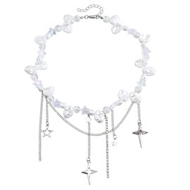 Danshinbow Choker Necklace with Tassel Crystal Beads Cross Star Pendant Necklaces Adjustable Jewelry for Women Zinc, Zinc