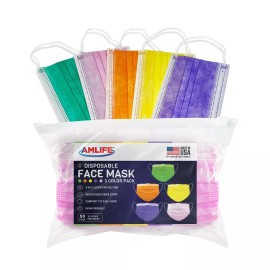 AMLIFE 50 Pack Multi-Color Face Masks Disposable 3-Ply Filter Made in USA