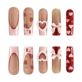Press On Nails Long Square Fake Nails French Tip False Nails With Heart Rhinestone Designs Acrylic Nails Press Ons Full Cover Stick On Nails Glossy Glue On Nails For Women