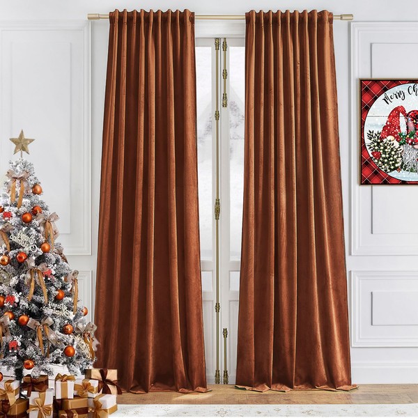 Timeper Burnt Orange Velvet Curtains - Light Blocking Luxury Fall