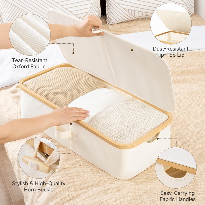 StorageWorks Underbed Storage Box with Bamboo Frame, 42L Flip-Top Under