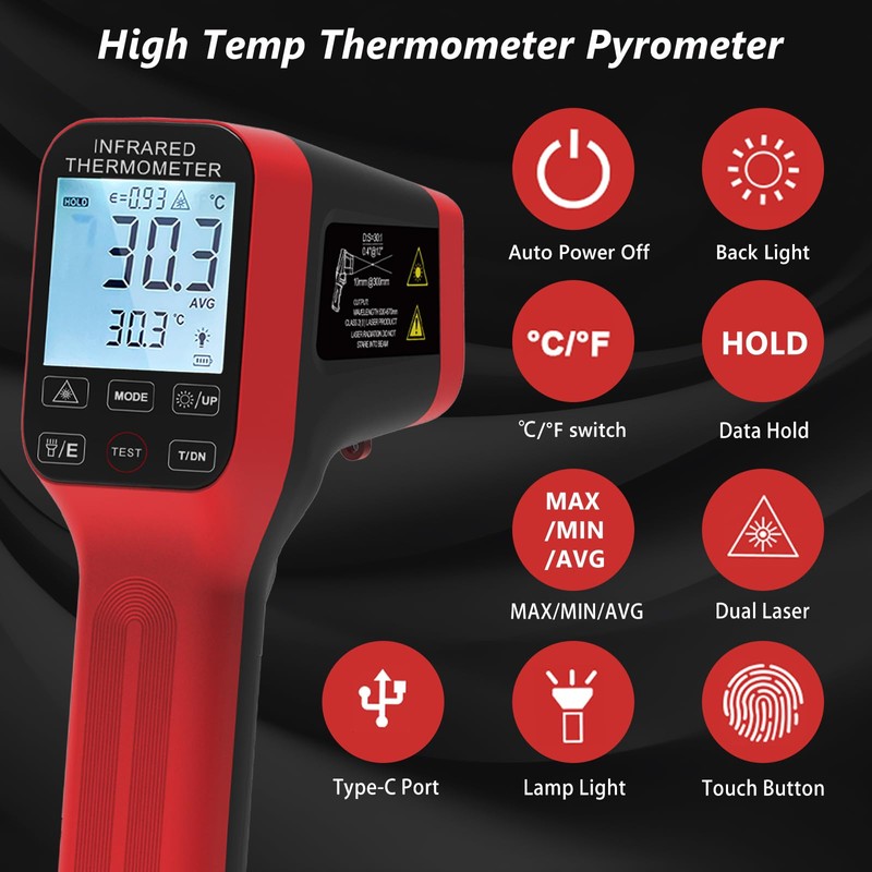 Pyrometer, Rechargeable Touch Screen Laser Thermometer with Bluetooth -58°F to