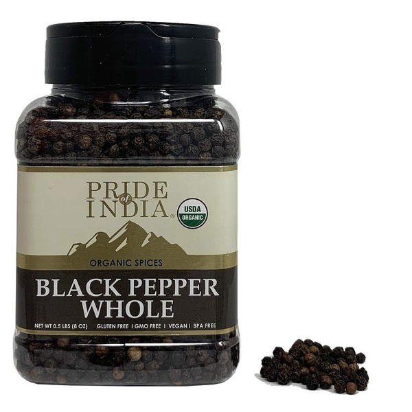 Pride Of India- Organic Black Peppercorn Whole - 8 Ounce (227 gm) Large Dual Sifting Jar - Organic & Vegan Whole Spice - Grown in India - Authentic Indian Flavor- Offers Amazing Value