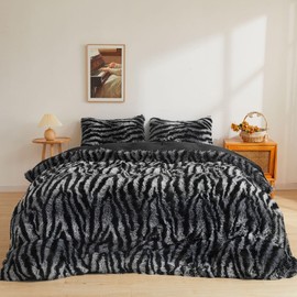 XeGe Zebra Print Fluffy Faux Fur Duvet Cover Set, 3 Pieces Soft Plush Shaggy Fuzzy Bedding Set(1 Animal Print Striped Comforter Cover + 2 Furry Pillowcases), Zipper Closure(King, Black and Grey)