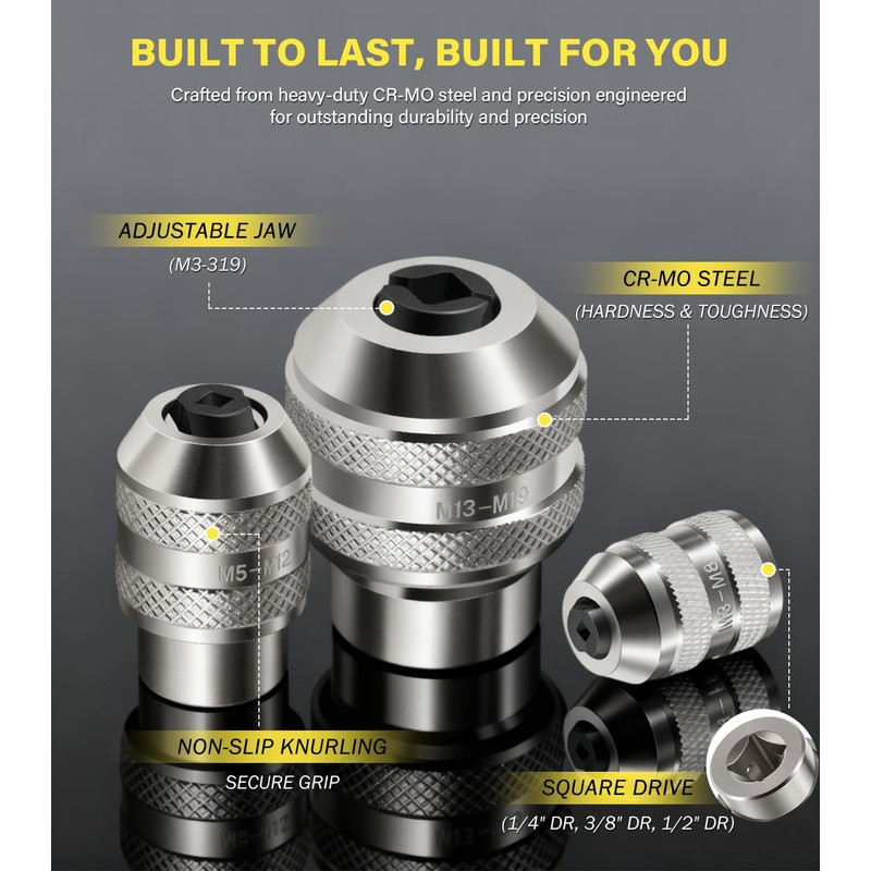 Adjustable Tap Socket Set, 3-Piece Low-Profile Tap Holder for Ratchet