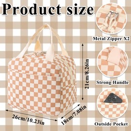 Bodeshis Lunch Bags for Women, Coffee Grid Design Lunch Bag for Women, Corduroy Insulated Lunch Bag, Potable Handbags, Lunch Bags Girls Teens Adult for School Work Travel Beach Daily Use