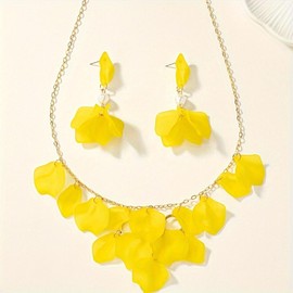YAZILIND Simple Petal-shape Tassel Pendant Necklace Dangle Earrings Women's Clavicle Chain Jewelry Set(Yellow)