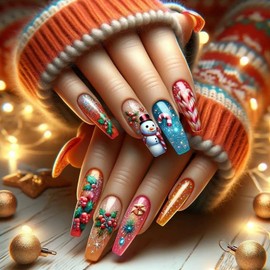 Christmas Press on Nails Long Fake Nails Coffin False Nails Colorful Nails Press ons Snowman Glue on Nails Candy Cane Holly Leaves Stick on Nails Full Cover Glitter False Nails for Women 24 Pcs