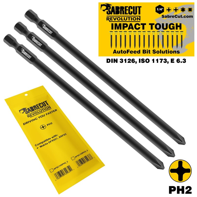 3 x SabreCut AFSC155PH2_3 155mm PH2 Autofeed Collated Drywall Screwdriver