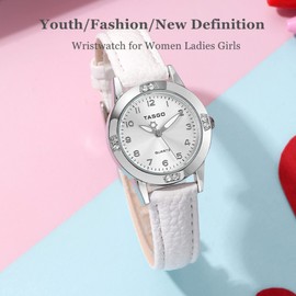TASGO Women's Leather Quartz Watch Easy Read Watch with Diamond Luminous Waterproof Fashion Wristwatch for Women Ladies Girls (Silver White)