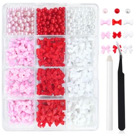 LuckForever 12 Gird 3D Bow Nail Charms Acrylic Nail Decoration Kit Cute Nail Bow Charm Pearl Beads White Pink Red Nail Charm Bow Accessoires Resin Crafts Makeup Supplies