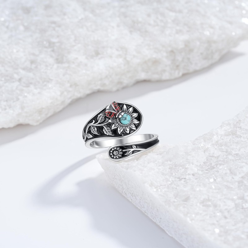 Nisgoin Sunflower Spoon Rings for Women- 925 Sterling Silver Turquoise
