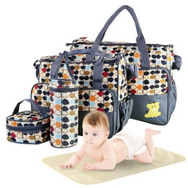 TeqHome 5Pcs Diaper Bag Tote Set,Large Mommy Bag with Portable Nappy Changing Pad,Pacifier Case,Travel Baby Bags for Mom