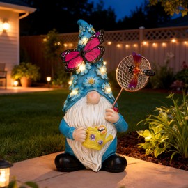 Foreby Garden Gnome Statues Outdoor Decor Solar Gnomes with Butterfly on LED Lighted Flowers, Resin Blue Gnomes Sculpture for Patio Yard Lawn Onament Decoration