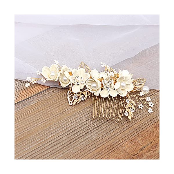 Wedding Hair Accessories, Fanvoes Hair Pieces Comb for Brides Bridal-Gold Vintage Headpiece Clip Barrette w/Handmade Ivory White Flower Ivory Pearl Leaf Rhinestone Crystal for Women Girl Bridesmaid