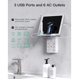 Wall Outlet Extender with Surge Protector, PD 30W USB-C Charger, 6 AC Outlets, Shelf, 2 USB & USB C Charging Ports - Home & Dorm Plug Expander