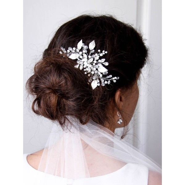 Kercisbeauty Bridal Hair Comb Wedding Hair Accessories for Brides Evening Party Crystal Silver Leaf Headband
