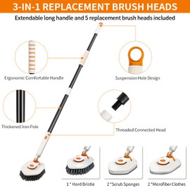 Calzzle Tub Scrubber Brush with Long Extendable Handle, 3-in-1 No Scratch Shower Scrub Brush for Cleaning Bathroom, Tiles, Grout, and Surfaces - 5 Replacement Brush Heads Included