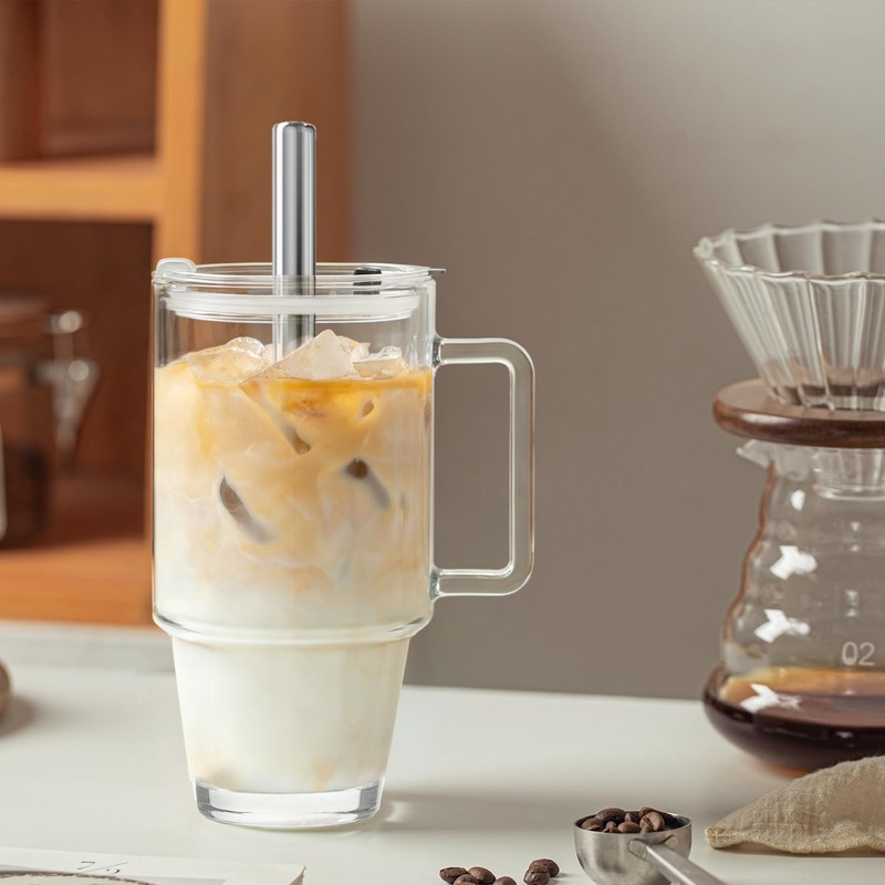 KEMORELA 24oz Clear Glass Tumbler with Handle, Lid & 13mm