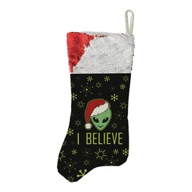 Christmas Party Decor Paranormal Christmas UFO Alien I Believe Flip Sequin Stocking Red