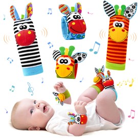 Baby Wrist Rattle & Foot Finders Set, Soft Baby Rattle Toy Newborn Sensory Toys Cute Baby Animal Development Toys Gift with Wrist Rattle Toys for Babies 0-6 Months