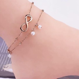Jean Beau Rose Gold Infinity Beach Anklet bracelet for Women Teen Boho Waterproof Double Layered Dainty Adjustable Beads Chain Charm Ankle Pearl dangling foot Jewelry Gift