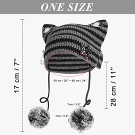 Cat Ear Beanie Y2K Hat, Women Girl Emo Crochet Striped Grunge Goth Star Pom Aesthetic Knit Kawaii Alt Cute Slouchy Skull Cap (Black Grey)