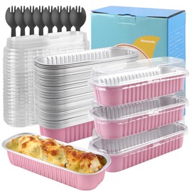 60 moldes para tartas y sartenes para pan con tapas, tazas rectangulares de aluminio de 7.8 onzas, sartenes desechables para tartas de queso y pasteles (rosa)