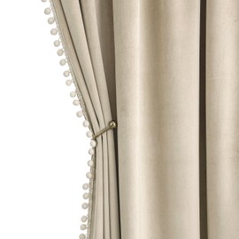 MIULEE Beige Pom Pom Velvet Curtains for Bedroom/Living Room Cream Darkening Thermal Insulating 84 Inches Long Blackout Curtains with Rod Pocket for Girls Room/Nursery/Home Theater Set of 2