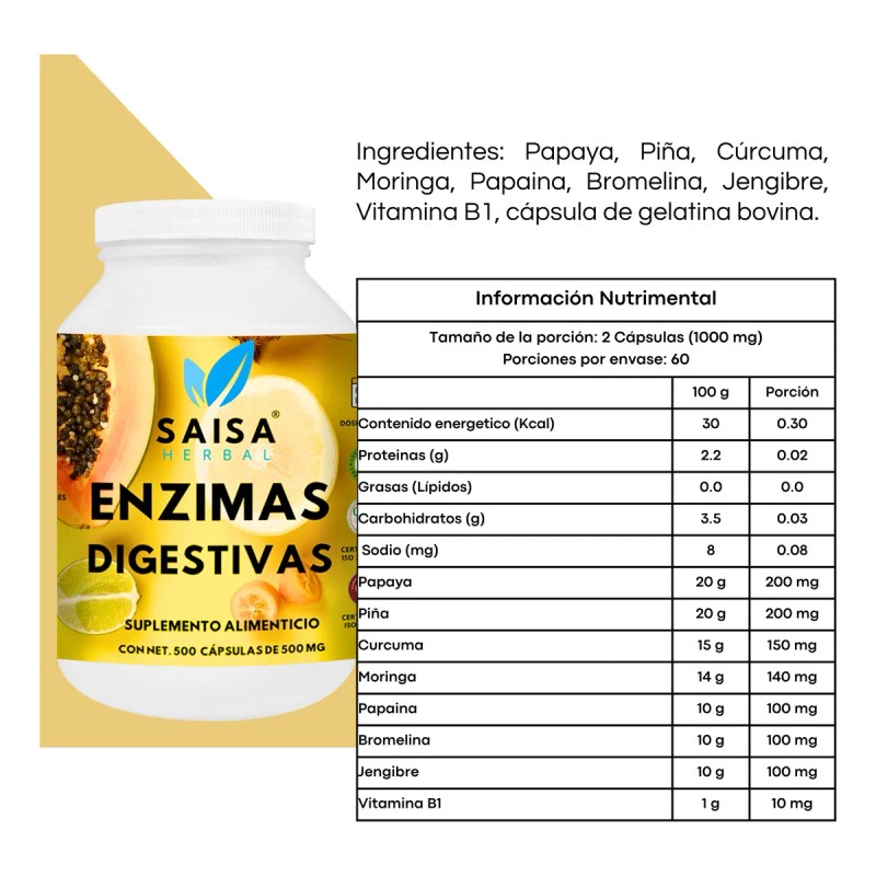 Enzimas Digestivas Suplemento 500cáp Mejor Digestión Premium Sin Sabor