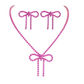 WCRAZYE Rhinestone Bow Jewelry Set for Women Dainty Wedding Earrings Sparkly Crystal Bowknot Pendant Necklace Brides Bow Jewelry (Rose Red)