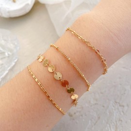 Wendalern Punk Layered Sequin Bracelet Gold Pearl Chain Bracelet Thin Tube Chain Bracelets Disc Hand Chain Bracelet Jewellery for Women and Girls, Metal