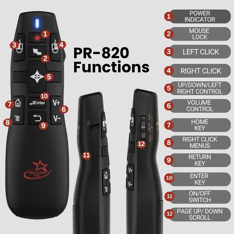 PR-820 Wireless Presentation Clicker with Laser Pointer, PowerPoint Clicker with