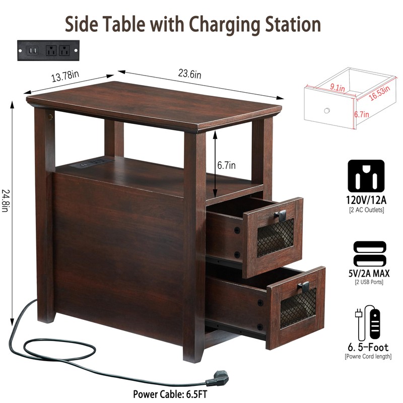 HDDDZSW Farmhouse XXL End Table with Charging Station, Narrow Side