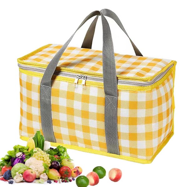 Insulated Picnic Bag Reusable,Beach Bag Cooler Bags, Cooler Bags with Zippered Top - Insulated Bag for Hot or Cold,Picnic,Beach,Food Delivery, Outdoor (13.8x7.9x7.9 in) (Yellow)