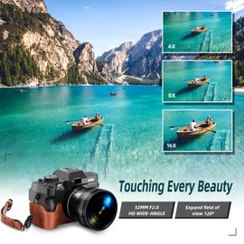 Monitech Digital Camera for Photography and Video,4K 48MP Vlogging Camera for YouTube with 180° Flip Screen,16X Digital Zoom,52mm Wide Angle,Leather Hold & Strap, 2 Batteries, 32GB TF Card