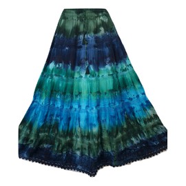 Doorwaytofashion Tie Dye Cotton Maxi Skirt Embroidered One Size UK 10 12 14 16 18 (Blue/Green)