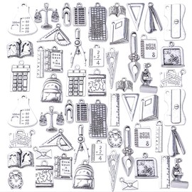 56pcs Mixed Styles School Theme Charms Tibetan Alloy Teacher Pendants Ruler Pen Books Calculator Compass Charms for DIY Bracelet Necklace Crafts Jewelry Making, Antique Silver