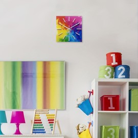 Constantplanet Square Glass Wall Clock Silent - Analog Wall Clock Battery Operated 14 Inch - Colorful Wall Clock for Kitchen Living Room Bedroom Classroom